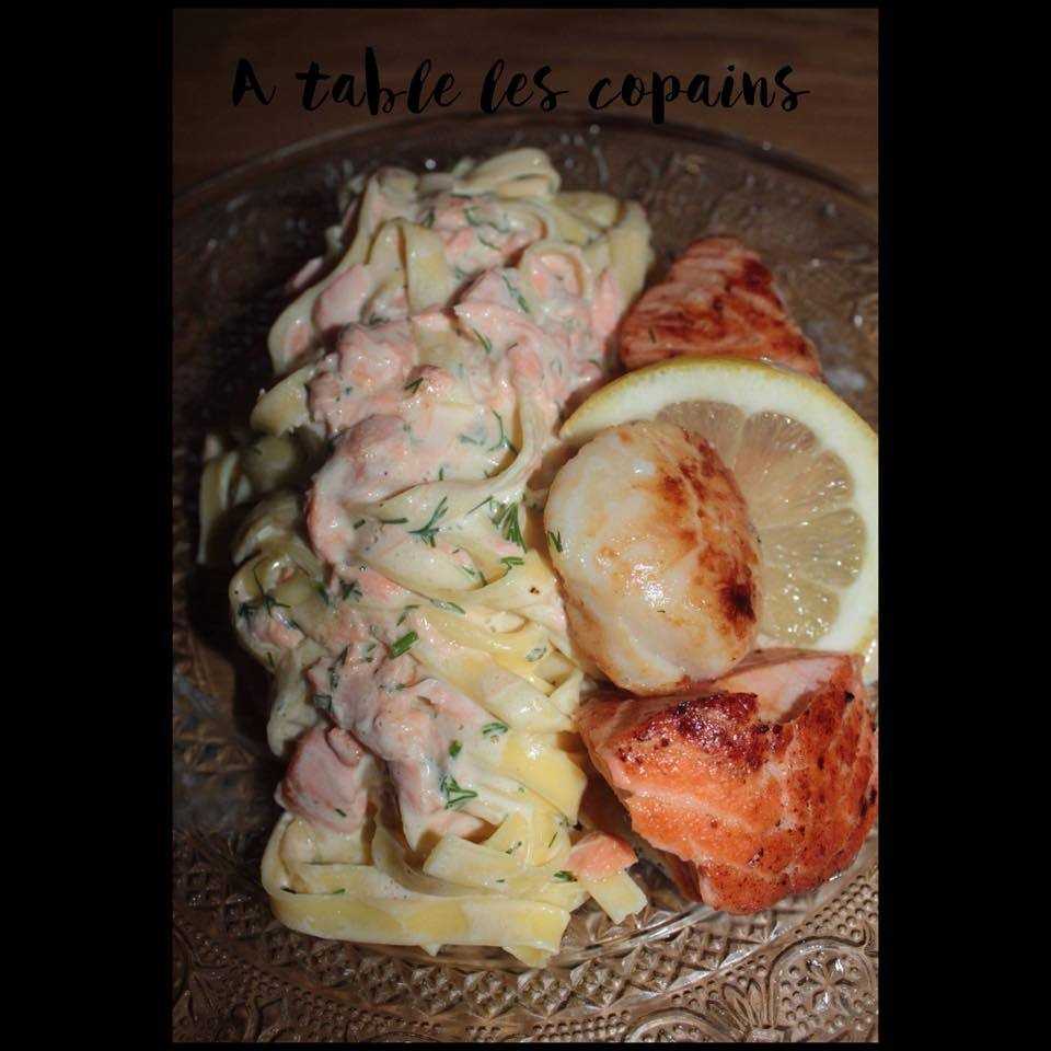 Tagliatelles au saumon et st Jacques, sauce aneth et citron 
