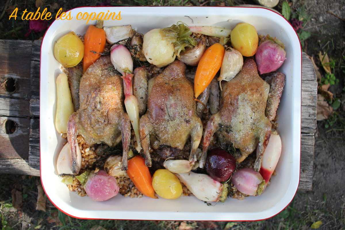 Pigeonneaux et petit épeautre au jus aux légumes racines 